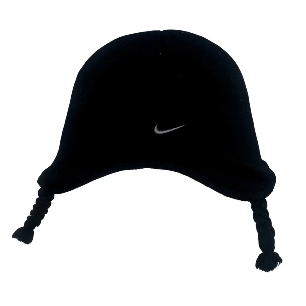 Nike Toddler Black Knit Earflap Beanie Hat Embroidered Swoosh Braided Tassels